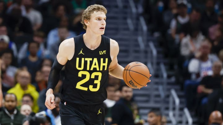 Oct 10, 2023; Seattle, Washington, USA; Utah Jazz forward Lauri Markkanen (23) dribbles against the LA Clippers during the third quarter at Climate Pledge Arena. Mandatory Credit: Joe Nicholson-USA TODAY Sports