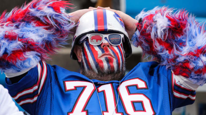 ORCHARD PARK, NY - NOVEMBER 12: A Bills fan reacts during the third quarter of a game against the New Orleans Saints on November 12, 2017 at New Era Field in Orchard Park, New York. (Photo by Brett Carlsen/Getty Images)
