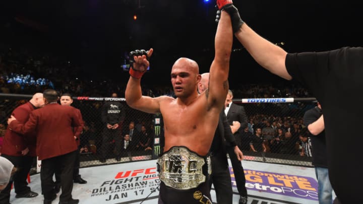 LAS VEGAS, NV - JANUARY 02: Robbie Lawler reacts to his victory over Carlos Condit in their UFC welterweight championship bout during the UFC 195 event inside MGM Grand Garden Arena on January 2, 2016 in Las Vegas, Nevada. (Photo by Josh Hedges/Zuffa LLC/Zuffa LLC via Getty Images)