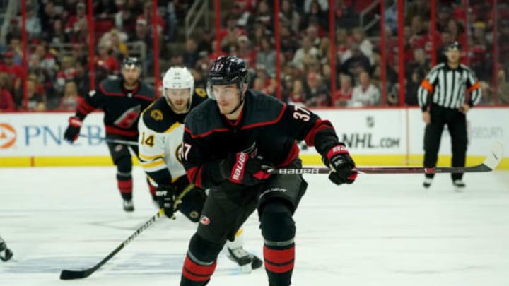 RALEIGH, NC – MAY 14: Andrei Svechnikov #37 of the Carolina Hurricanes skates for a loose puck in Game Three of the Eastern Conference Third Round against the Boston Bruins during the 2019 NHL Stanley Cup Playoffs on May 14, 2019 at PNC Arena in Raleigh, North Carolina. (Photo by Gregg Forwerck/NHLI via Getty Images)