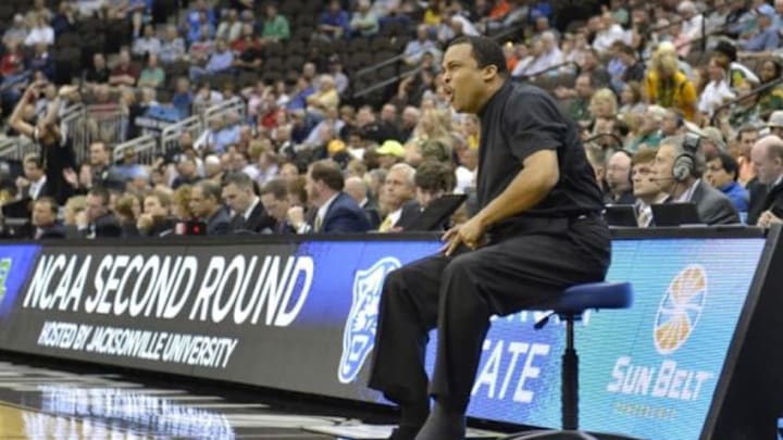 Mar 19, 2015; Jacksonville, FL, USA; Georgia State Panthers head coach Ron Hunter reacts against the Baylor Bears in the first half of a game in the second round of the 2015 NCAA Tournament at Jacksonville Veteran Memorial Arena. Mandatory Credit: Tommy Gilligan-USA TODAY Sports