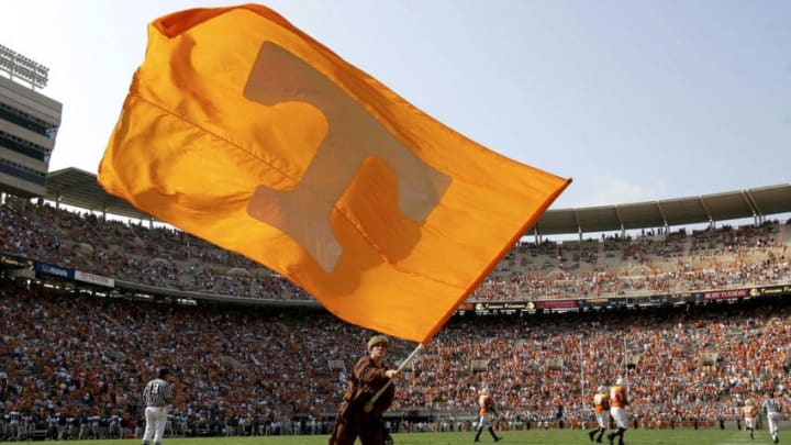KNOXVILLE, TN - OCTOBER 01: The Volunteer mascot waves the flag in the edzone after a Tennessee touchdown as the Tennessee Volunteers defeated the Mississippi Rebels 27-10 at Neyland Stadium on October 1, 2005 in Knoxville, Tennessee. (Photo by Doug Pensinger/Getty Images)