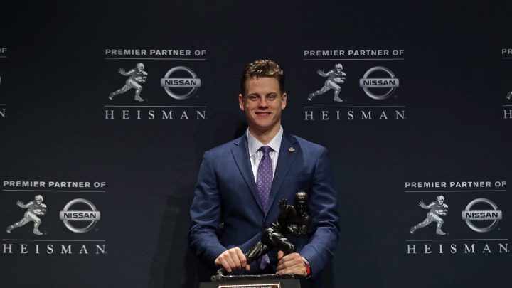 NEW YORK, NY – DECEMBER 14: Quarterback Joe Burrow of the LSU Tigers winner of the 85th annual Heisman Memorial Trophy is the likely top pick in the 2020 NFL Draft. (Photo by Adam Hunger/Getty Images)
