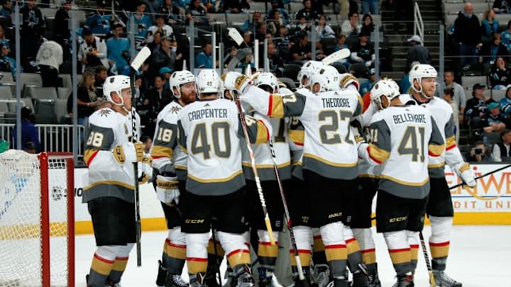 SAN JOSE, CA - MAY 6: The Vegas Golden Knights celebrate their 3-0 win over the San Jose Sharks in Game Six of the Western Conference Second Round during the 2018 NHL Stanley Cup Playoffs at SAP Center on May 6, 2018 in San Jose, California. (Photo by Don Smith/NHLI via Getty Images)