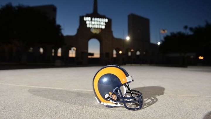 Feb 25, 2016; Los Angeles, CA, USA; General view of Los Angeles Rams blue and yellow helmet (1973-99) at the peristyle end of the Los Angeles Memorial Coliseum. The Coliseum will serve as the home of the Los Angeles Rams for the 2016 season after NFL owners voted 30-2 to allow Rams owner Stan Kroenke (not pictured) to relocate the franchise from St. Louis. Mandatory Credit: Kirby Lee-USA TODAY Sports