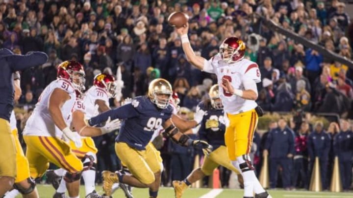 Oct 17, 2015; South Bend, IN, USA; USC Trojans quarterback Cody Kessler (6) throws in the fourth quarter against the Notre Dame Fighting Irish at Notre Dame Stadium. Notre Dame won 41-31. Mandatory Credit: Matt Cashore-USA TODAY Sports