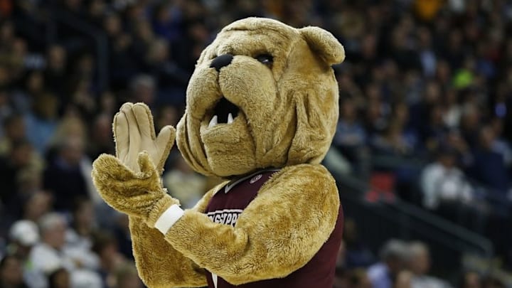 Mar 26, 2016; Bridgeport, CT, USA; The Mississippi State Bulldogs mascot on thew court during a break in the action against the Connecticut Huskies during the second half in the semifinals of the Bridgeport regional of the women