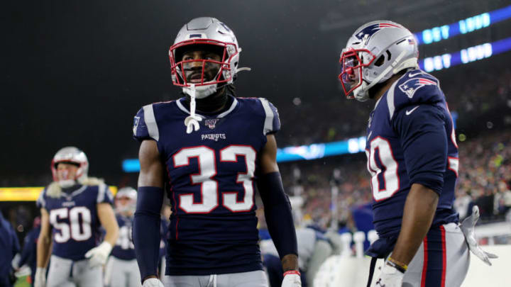 FOXBOROUGH, MASSACHUSETTS - JANUARY 04: Joejuan Williams #33 of the New England Patriots looks on from the bench during the AFC Wild Card Playoff game against the Tennessee Titans at Gillette Stadium on January 04, 2020 in Foxborough, Massachusetts. (Photo by Maddie Meyer/Getty Images)