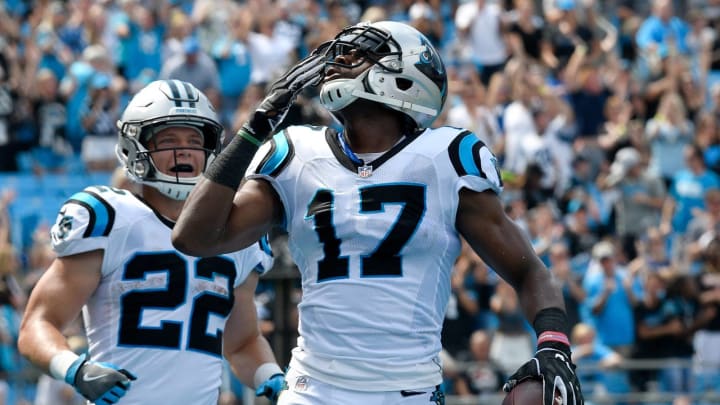 CHARLOTTE, NC – SEPTEMBER 23: Devin Funchess #17 of the Carolina Panthers celebrates a touchdown against the Cincinnati Bengals in the second quarter during their game at Bank of America Stadium on September 23, 2018 in Charlotte, North Carolina. (Photo by Grant Halverson/Getty Images)