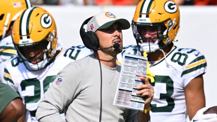 Sep 10, 2023; Chicago, Illinois, USA; Green Bay Packers head coach Matt LaFleur watches his team play against the Chicago Bears at Soldier Field. Mandatory Credit: Jamie Sabau-USA TODAY Sports