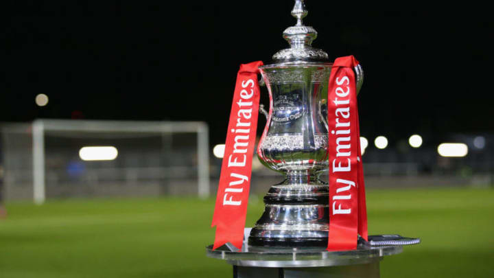 KIRKHAM, ENGLAND - DECEMBER 01: The Emirates FA Cup is seen on display prior to the Emirates FA Cup Second Round between AFC Fylde and Wigan Athletic on December 1, 2017 in Kirkham, England. (Photo by Alex Livesey/Getty Images)