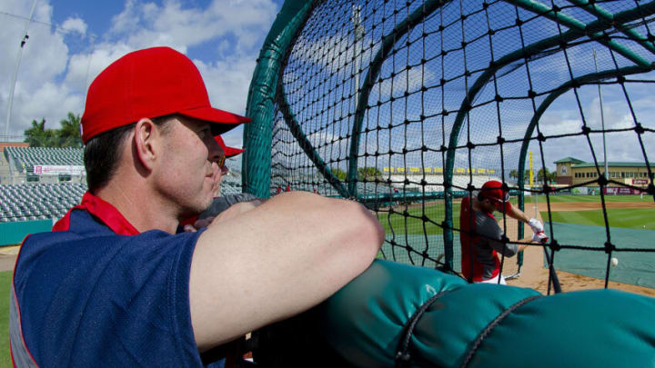 Mar 11, 2012; Jupiter, FL. USA; Former St. Louis Cardinals outfielder Jim Edmonds watches batting practice before the game against the Washington Nationals at Roger Dean Stadium. The game was postponed due to rain after 4 innings. Mandatory Credit: Scott Rovak-USA TODAY Sports