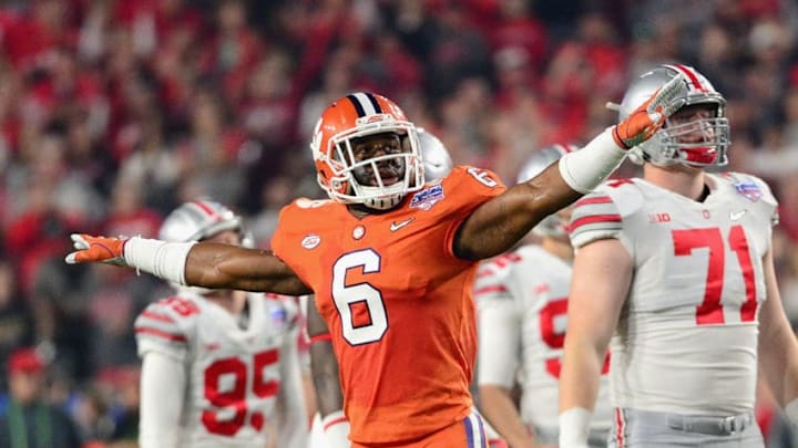 GLENDALE, AZ - DECEMBER 31: Dorian O'Daniel #6 of the Clemson Tigers reacts after a missed field goal by the Ohio State Buckeyes during the first half of the 2016 PlayStation Fiesta Bowl at University of Phoenix Stadium on December 31, 2016 in Glendale, Arizona. (Photo by Jennifer Stewart/Getty Images) GLENDALE, AZ - DECEMBER 31: Dorian O'Daniel #6 of the Clemson Tigers reacts after a missed field goal by the Ohio State Buckeyes during the first half of the 2016 PlayStation Fiesta Bowl at University of Phoenix Stadium on December 31, 2016 in Glendale, Arizona. (Photo by Jennifer Stewart/Getty Images)