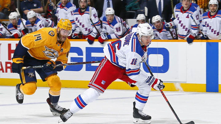 NASHVILLE, TENNESSEE – DECEMBER 29: Ryan Strome #16 of the New York Rangers skates past Mattias Ekholm #14 of the Nashville Predators for a breakaway chance during the second period at Bridgestone Arena on December 29, 2018 in Nashville, Tennessee. (Photo by Frederick Breedon/Getty Images)