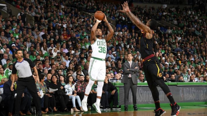 BOSTON, MA - MAY 27: Marcus Smart #36 of the Boston Celtics shoots the ball against the Cleveland Cavaliers during Game Seven of the Eastern Conference Finals of the 2018 NBA Playoffs between the Cleveland Cavaliers and Boston Celtics on May 27, 2018 at the TD Garden in Boston, Massachusetts. NOTE TO USER: User expressly acknowledges and agrees that, by downloading and or using this photograph, User is consenting to the terms and conditions of the Getty Images License Agreement. Mandatory Copyright Notice: Copyright 2018 NBAE (Photo by Brian Babineau/NBAE via Getty Images)