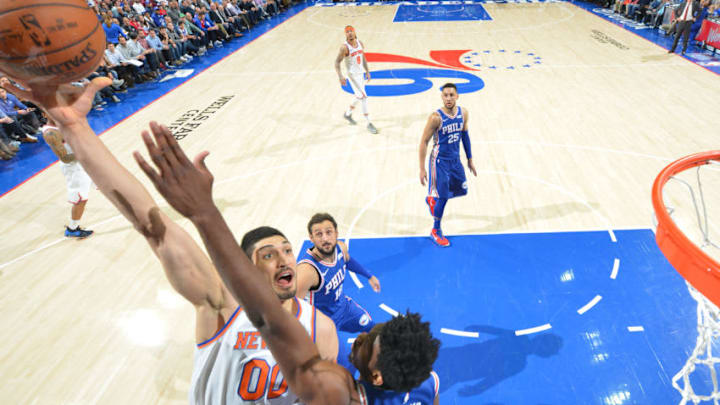 PHILADELPHIA, PA - MARCH 28: Enes Kanter #00 of the New York Knicks puts up the shot against the Philadelphia 76ers at Wells Fargo Center on March 28, 2018 in Philadelphia, Pennsylvania NOTE TO USER: User expressly acknowledges and agrees that, by downloading and/or using this Photograph, user is consenting to the terms and conditions of the Getty Images License Agreement. Mandatory Copyright Notice: Copyright 2018 NBAE (Photo by Jesse D. Garrabrant/NBAE via Getty Images)