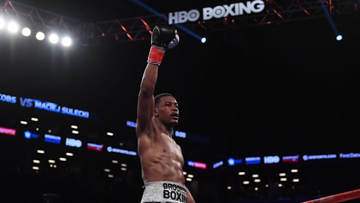 New York , United States - 28 April 2018; Daniel Jacobs celebrates following his middleweight bout with Maciej Sulecki at the Barclays Center in Brooklyn, New York. (Photo By Stephen McCarthy/Sportsfile via Getty Images)