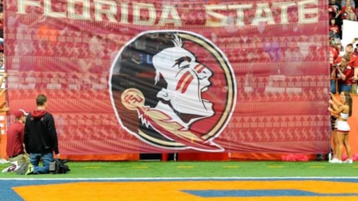 Oct 11, 2014; Syracuse, NY, USA; General view of a Florida State Seminoles banner set up outside of the locker room prior to the game against the Syracuse Orange at the Carrier Dome. Florida State defeated Syracuse 38-20. Mandatory Credit: Rich Barnes-USA TODAY Sports