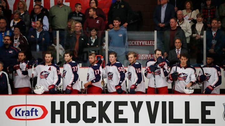 CLINTON, NY - SEPTEMBER 25: The Columbus Blue Jackets stand for the national anthem before a preseason game against the Buffalo Sabres during the NHL Kraft Hockeyville USA at Clinton Arena on September 25, 2018 in Clinton, New York. (Photo by Patrick McDermott/NHLI via Getty Images)