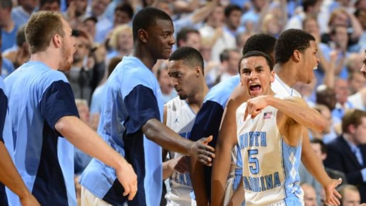 Feb 20, 2014; Chapel Hill, NC, USA; North Carolina Tar Heels guard Marcus Paige (5) reacts in the second half. The Tar Heels defeated the Blue Devils 74-66 at Dean E. Smith Center. Mandatory Credit: Bob Donnan-USA TODAY Sports