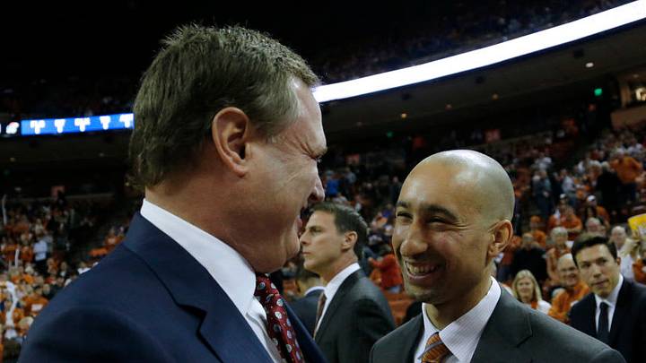AUSTIN, TX - DECEMBER 29: Head coach Shaka Smart of the Texas Longhorns and head coach Bill Self of the Kansas Jayhawks meet before the game at the Frank Erwin Center on December 29, 2017 in Austin, Texas. (Photo by Chris Covatta/Getty Images)