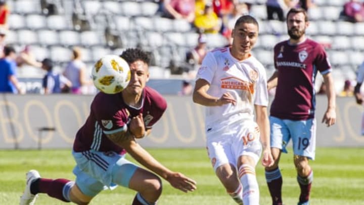 COMMERCE CITY, CO – SEPTEMBER 15: Miguel Almirón #10 of Atlanta United attempts a shot past Kortne Ford #24 of the Colorado Rapids during the second half at Dick’s Sporting Goods Park on September 15, 2018 in Commerce City, Colorado. (Photo by Timothy Nwachukwu/Getty Images)