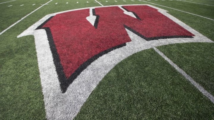 Oct 25, 2014; Madison, WI, USA; The Wisconsin logo at midfield of Camp Randall Stadium following the game between the Maryland Terrapins and Wisconsin Badgers. Wisconsin won 52-7. Mandatory Credit: Jeff Hanisch-USA TODAY Sports