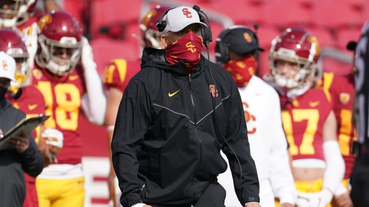 Nov 7, 2020; Los Angeles CA, USA; Southern California Trojans head coach Clay Helton reacts in the second half against the Arizona State Sun Devils at the Los Angeles Memorial Coliseum. USC defeated Arizona State 28-27. Mandatory Credit: Kirby Lee-USA TODAY Sports