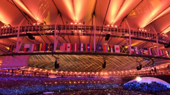 Aug 5, 2016; Rio de Janeiro, Brazil; General view during the finale of the opening ceremonies for the Rio 2016 Summer Olympic Games at Maracana. Mandatory Credit: Kyle Terada-USA TODAY Sports