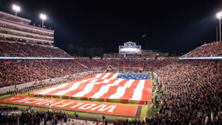 RALEIGH, NC – NOVEMBER 08: Carter-Finley Stadium is filled with a huge American Flag during the college football game between Wake Forest Demon Deacons and the North Carolina State Wolfpack on November 8, 2018, at Carter-Finley Stadium in Raleigh, NC. (Photo by Michael Berg/Icon Sportswire via Getty Images)