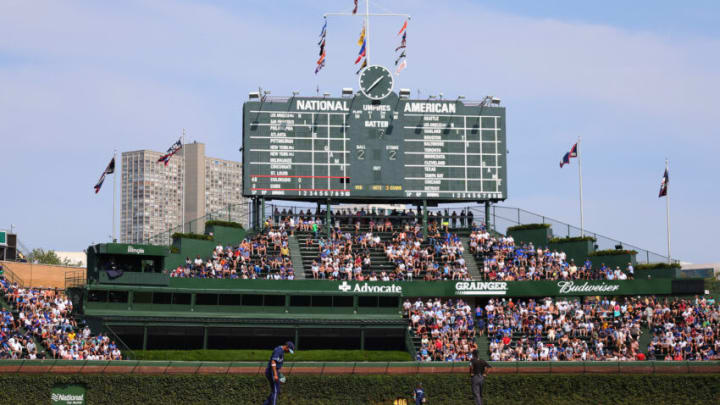 CHICAGO, ILLINOIS - SEPTEMBER 16: A general view of the Wrigley Field scoreboard during the second inning between the Chicago Cubs and the Colorado Rockies on September 16, 2022 in Chicago, Illinois. (Photo by Michael Reaves/Getty Images)
