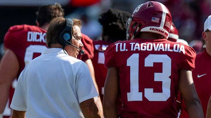 Alabama head coach Nick Saban talks with Alabama quarterback Tua Tagovailoa (13) during the New Mexico State game at Bryant-Denny Stadium in Tuscaloosa, Ala., on Saturday September 7, 2019.Uaseason017