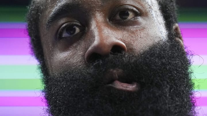 PHILADELPHIA, PA – JANUARY 10: James Harden #1 of the Philadelphia 76ers reacts against the Detroit Pistons(Photo by Mitchell Leff/Getty Images)