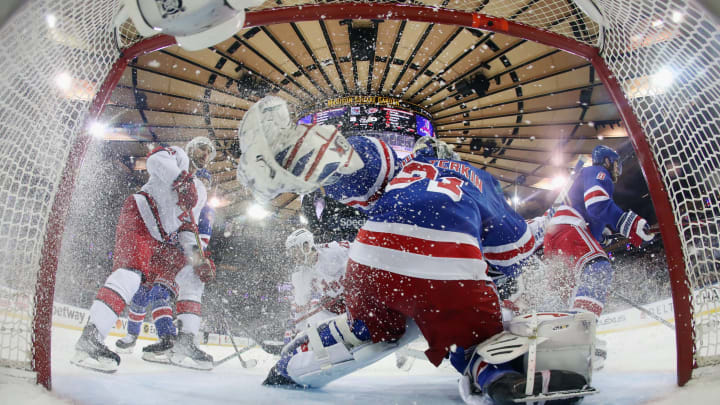 NEW YORK, NEW YORK – MAY 24: Igor Shesterkin #31 of the New York Rangers defends the net against the Carolina Hurricanes during the second period in Game Four of the Second Round of the 2022 Stanley Cup Playoffs at Madison Square Garden on May 24, 2022 in New York City. The Rangers defeated the Hurricanes 4-1. (Photo by Bruce Bennett/Getty Images)