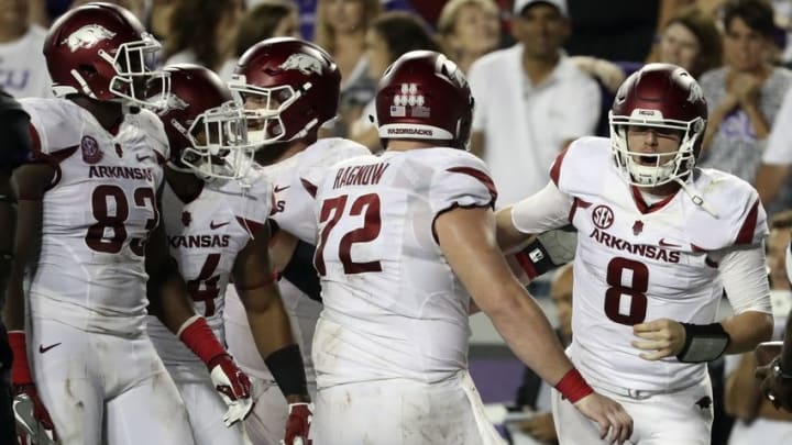 Sep 10, 2016; Fort Worth, TX, USA; Arkansas Razorbacks quarterback Austin Allen (8) celebrates after scoring a two point conversion during the second half against the TCU Horned Frogs at Amon G. Carter Stadium. Mandatory Credit: Kevin Jairaj-USA TODAY Sports