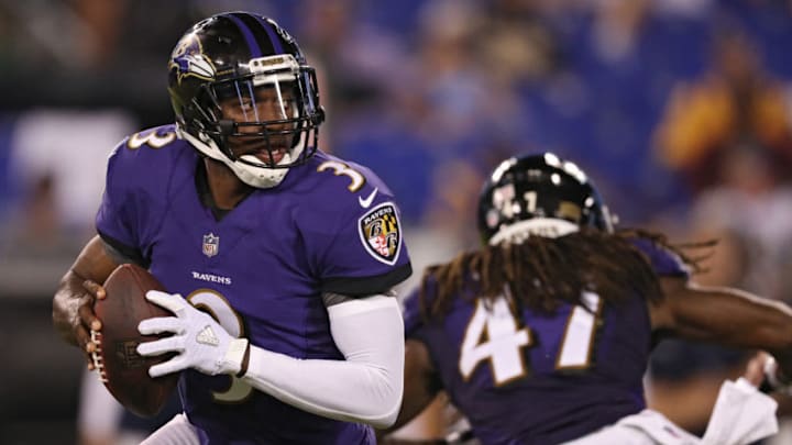 BALTIMORE, MD - AUGUST 09: Robert Griffin III #3 of the Baltimore Ravens looks to pass against the Los Angeles Rams in the second half during a preseason game at M&T Bank Stadium on August 9, 2018 in Baltimore, Maryland. (Photo by Patrick Smith/Getty Images)