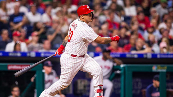 PHILADELPHIA, PA - AUGUST 15: Wilson Ramos #40 of the Philadelphia Phillies bats during the game against the Boston Red Sox at Citizens Bank Park on Wednesday, August 15, 2018 in Philadelphia, Pennsylvania. (Photo by Rob Tringali/MLB Photos via Getty images)