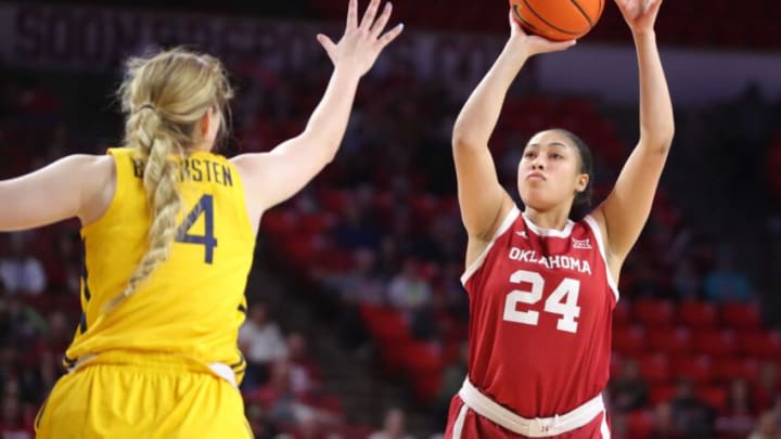 Oklahoma Sooners guard Skylar Vann (24) shoots over West Virginia Mountaineers forward Kylee Blacksten (14) during a women's college basketball game between the University of Oklahoma Sooners (OU) and the West Virginia Mountaineers at Lloyd Noble Center in Norman, Okla., Saturday, Feb. 4, 2023.Ou Women S Basketball Vs West Virginia