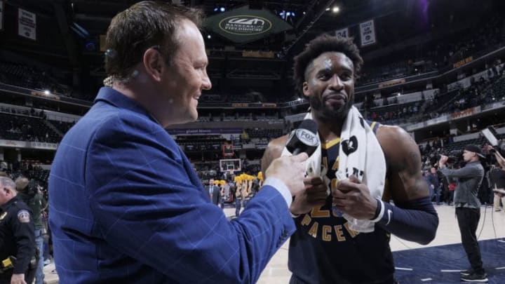 INDIANAPOLIS, IN - FEBRUARY 11: Wesley Matthews #23 of the Indiana Pacers talks to the media after the game against the Charlotte Hornets on February 11, 2019 at Bankers Life Fieldhouse in Indianapolis, Indiana. (Photo by Ron Hoskins/NBAE via Getty Images)