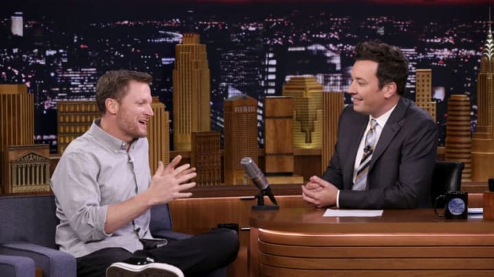 THE TONIGHT SHOW STARRING JIMMY FALLON -- Episode 0893 -- Pictured: (l-r) NASCAR's Dale Earnhardt Jr. during an interview with host Jimmy Fallon on June 27, 2018 -- (Photo by: Andrew Lipovsky/NBC/NBCU Photo Bank via Getty Images)