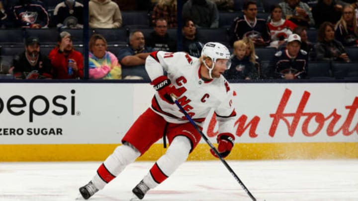 COLUMBUS, OH – OCTOBER 23: Jordan Staal #11 of the Carolina Hurricanes controls the puck during the game against the Columbus Blue Jackets at Nationwide Arena on October 23, 2021, in Columbus, Ohio. (Photo by Kirk Irwin/Getty Images)