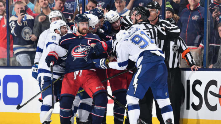 COLUMBUS, OH - APRIL 14: Nick Foligno #71 of the Columbus Blue Jackets scuffles against the Tampa Bay Lightning in Game Three of the Eastern Conference First Round during the 2019 NHL Stanley Cup Playoffs on April 14, 2019 at Nationwide Arena in Columbus, Ohio. (Photo by Jamie Sabau/NHLI via Getty Images)