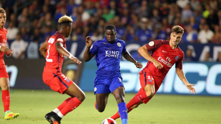 LOS ANGELES, CA - JULY 30: Jeff Schlupp of Leicester City in action with Thomas Meunier of Paris Saint-Germain during the ICC Cup match between Paris Saint-Germain and Leicester City at StubHub Center on July 30 , 2016 in Los Angeles, California. (Photo by Plumb Images/Leicester City FC via Getty Images)