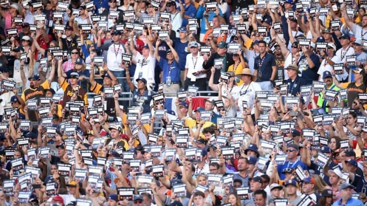 Jul 12, 2016; San Diego, CA, USA; Baseball fans hold up stand up to cancer cards in the 2016 MLB All Star Game at Petco Park. Mandatory Credit: Gary A. Vasquez-USA TODAY Sports