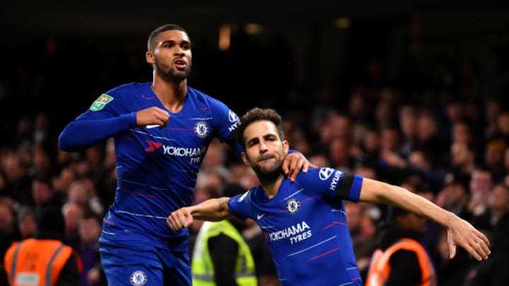 LONDON, ENGLAND - OCTOBER 31: Cesc Fabregas of Chelsea celebrates with teammate Ruben Loftus-Cheek after scoring his team's third goal during the Carabao Cup Fourth Round match between Chelsea and Derby County at Stamford Bridge on October 31, 2018 in London, England. (Photo by Mike Hewitt/Getty Images)