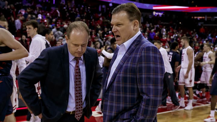 MADISON, WI – JANUARY 19: Illinois Fighting Illini head coach Brad Underwood talks with Wisconsin Badger head coach Greg Gard after an college basketball game between Illinois Fighting Illini and the Wisconsin Badgers on January 19th, 2018 at the Kohl Center in Madison, WI. Wisconsin defeats Illinois 75-50. (Photo by Dan Sanger/Icon Sportswire via Getty Images)