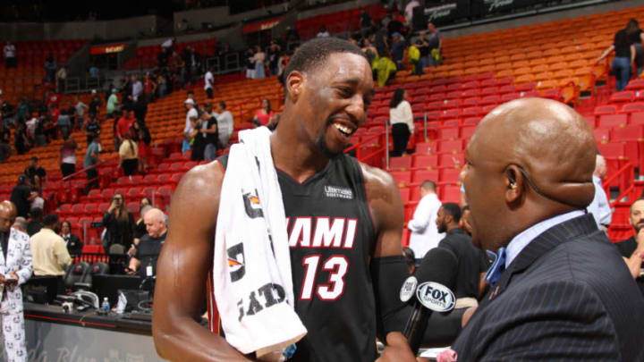 MIAMI, FL - DECEMBER 10: Bam Adebayo #13 of the Miami Heat gets interviewed after a game against the Atlanta Hawks on December 10, 2019 at American Airlines Arena in Miami, Florida. NOTE TO USER: User expressly acknowledges and agrees that, by downloading and or using this Photograph, user is consenting to the terms and conditions of the Getty Images License Agreement. Mandatory Copyright Notice: Copyright 2019 NBAE (Photo by Oscar Baldizon/NBAE via Getty Images)