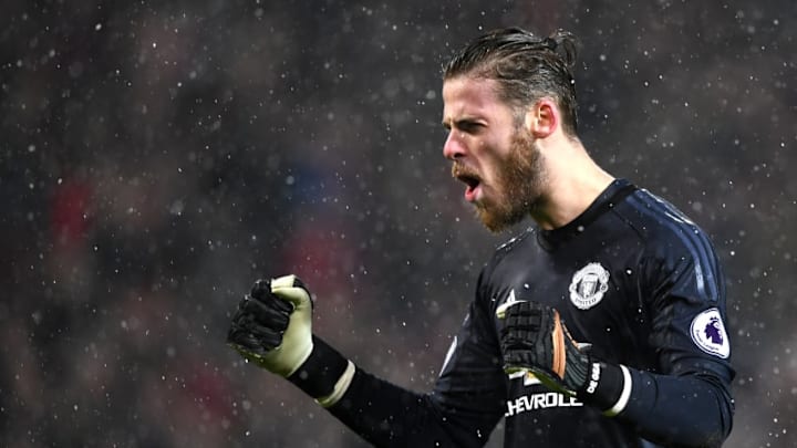 MANCHESTER, ENGLAND - DECEMBER 13: David De Gea of Manchester United celebrates his sides first goal during the Premier League match between Manchester United and AFC Bournemouth at Old Trafford on December 13, 2017 in Manchester, England. (Photo by Gareth Copley/Getty Images)