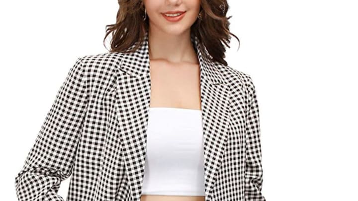KANCY KOLE Women Casual Blazers Plaid Lapel Button Work Office Jacket Suit with Pockets for $30 on Amazon