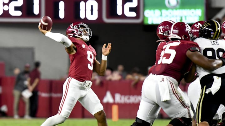 Sep 24, 2022; Tuscaloosa, Alabama, USA; Alabama Crimson Tide quarterback Bryce Young (9) throws a touchdown pass against the Vanderbilt Commodores at Bryant-Denny Stadium. Mandatory Credit: Gary Cosby Jr.-USA TODAY Sports